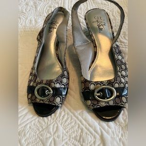 Ladies black, tan, and grey sling back wedge sandals